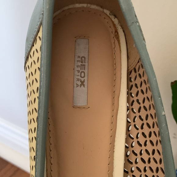 Sz 40 GEOX Respira Olive & Pale Butter Yellow Leather Heels Bow Detail - Picture 4 of 9